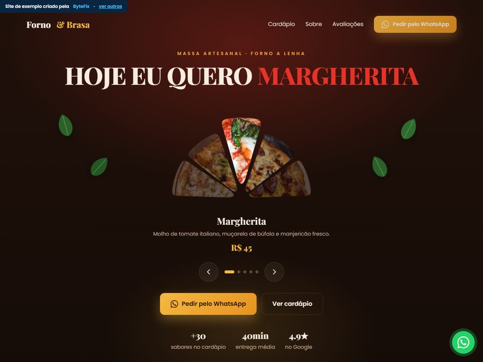 Prévia do site de Pizzaria / Restaurante criado pela ByteFix